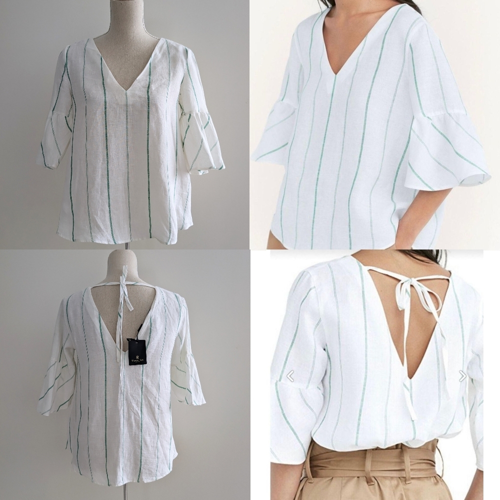 Massimo Dutti Linen White and Green Striped Top